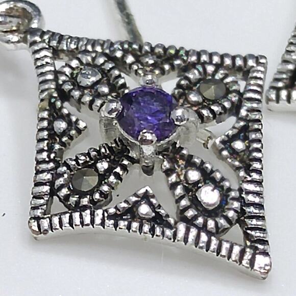 Marcasite Silver Plate Purple Rhinestone Necklace & Earrings, Made in Thailand - Picture 9 of 11